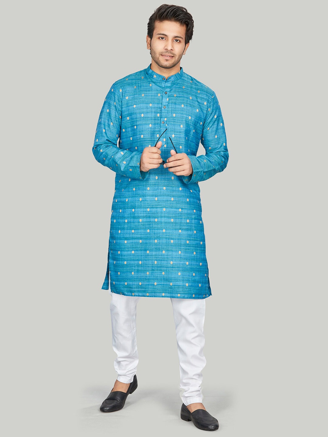 

Authentics Ethnic Motifs Woven Design Mandarin Collar Regular Kurta With Pyjamas, Blue