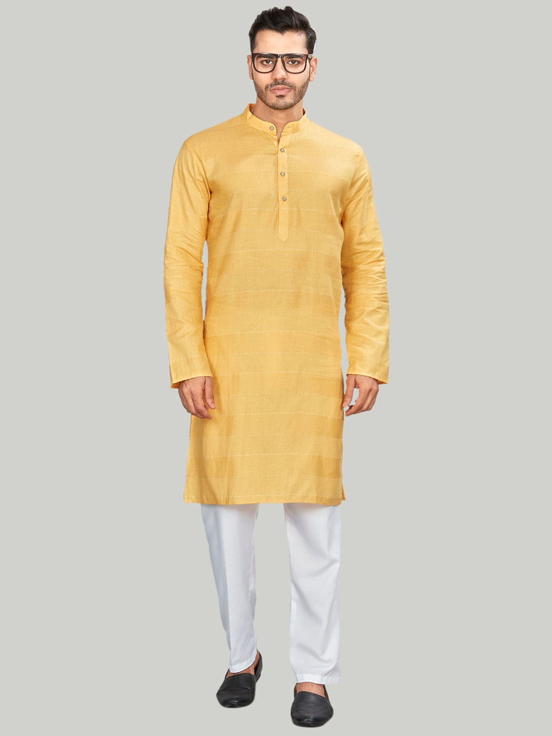 

Authentics Striped Mandarin Collar Regular Kurta With Pyjamas, Yellow