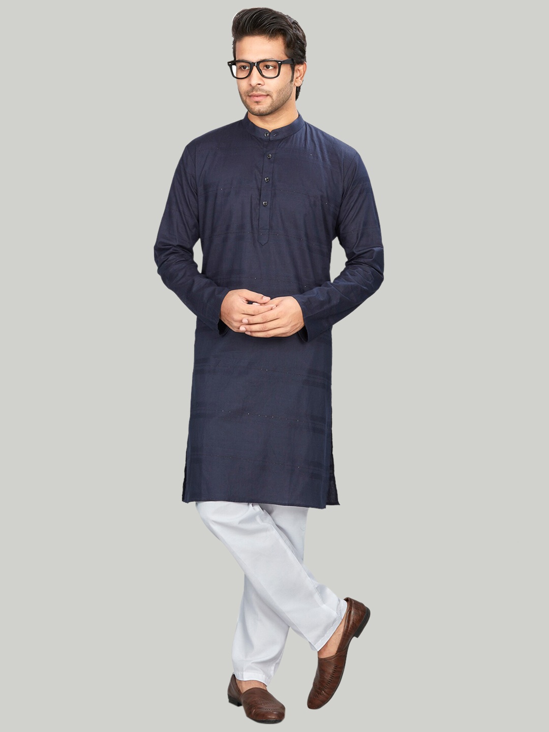 

Authentics Mandarin Collar Pure Cotton Sequinned Kurta with Pyjamas, Blue