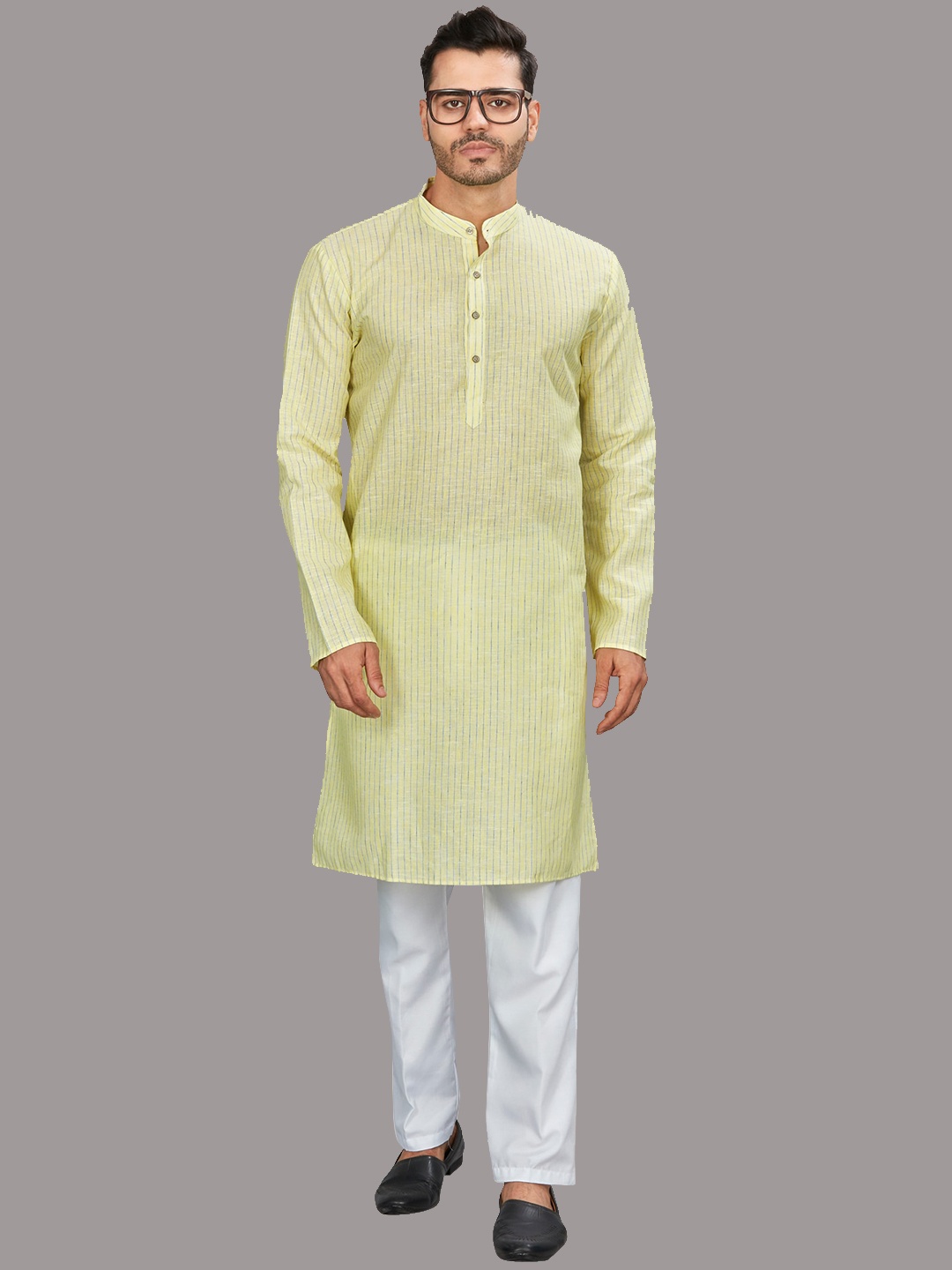 

Authentics Striped Mandarin Collar Kurta with Pyjamas, Yellow