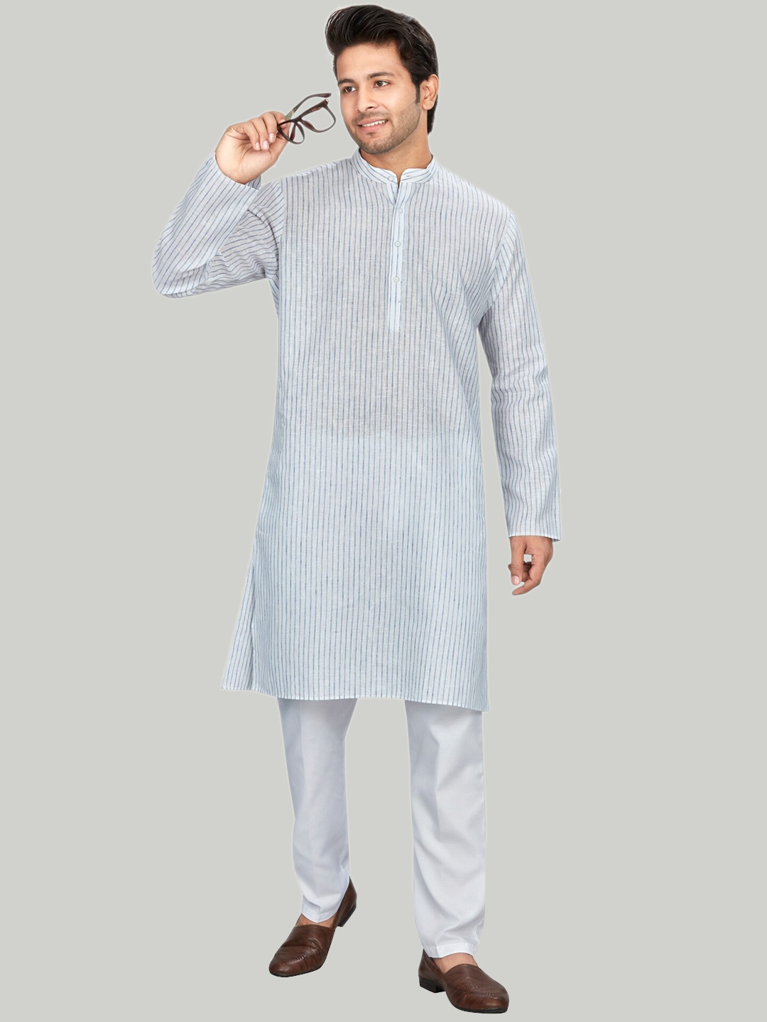 

Authentics Striped Band Collar Straight Kurta With Pyjama, White