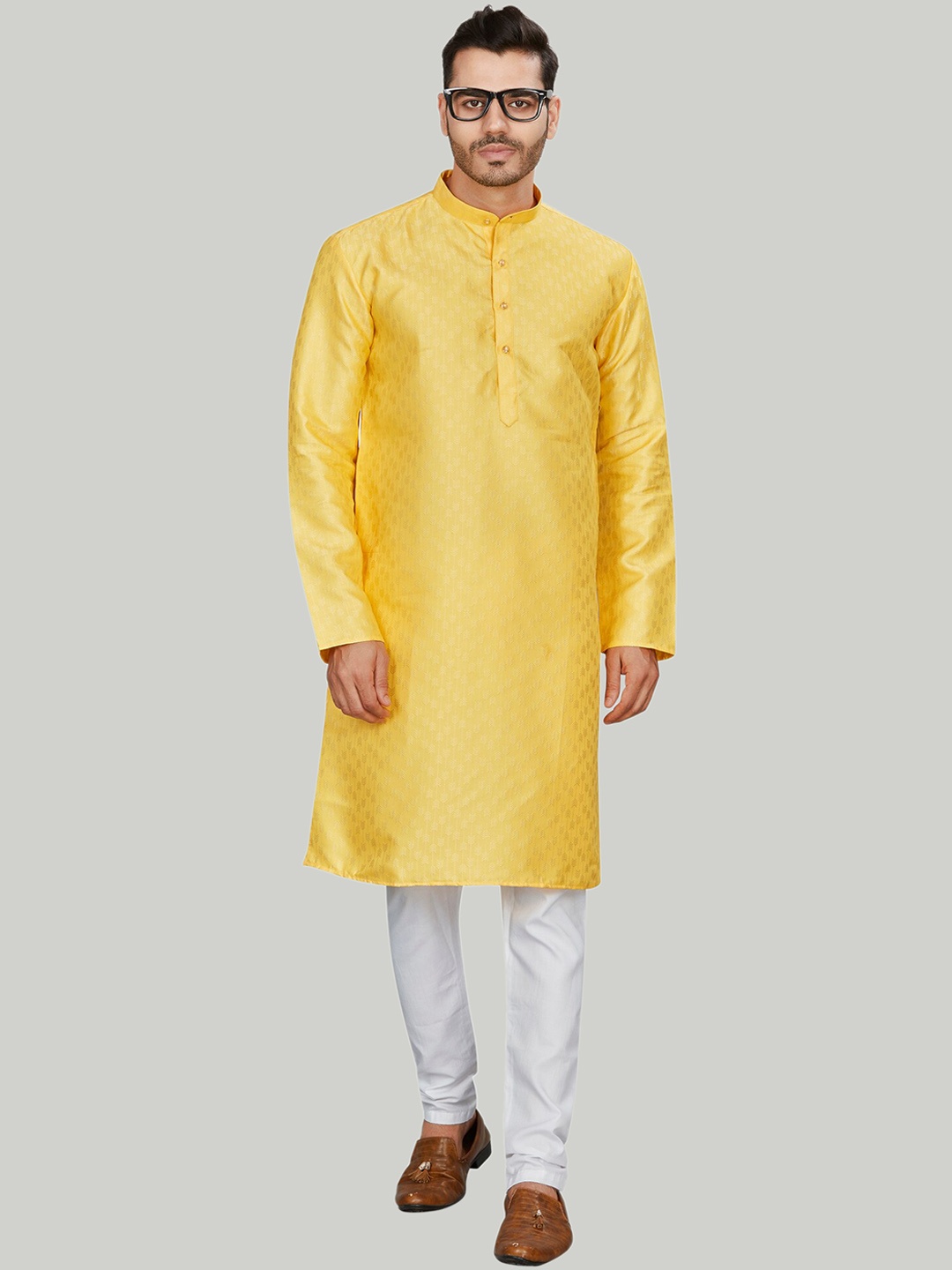 

Authentics Woven Design Mandarin Collar Kurta with Pyjamas, Yellow