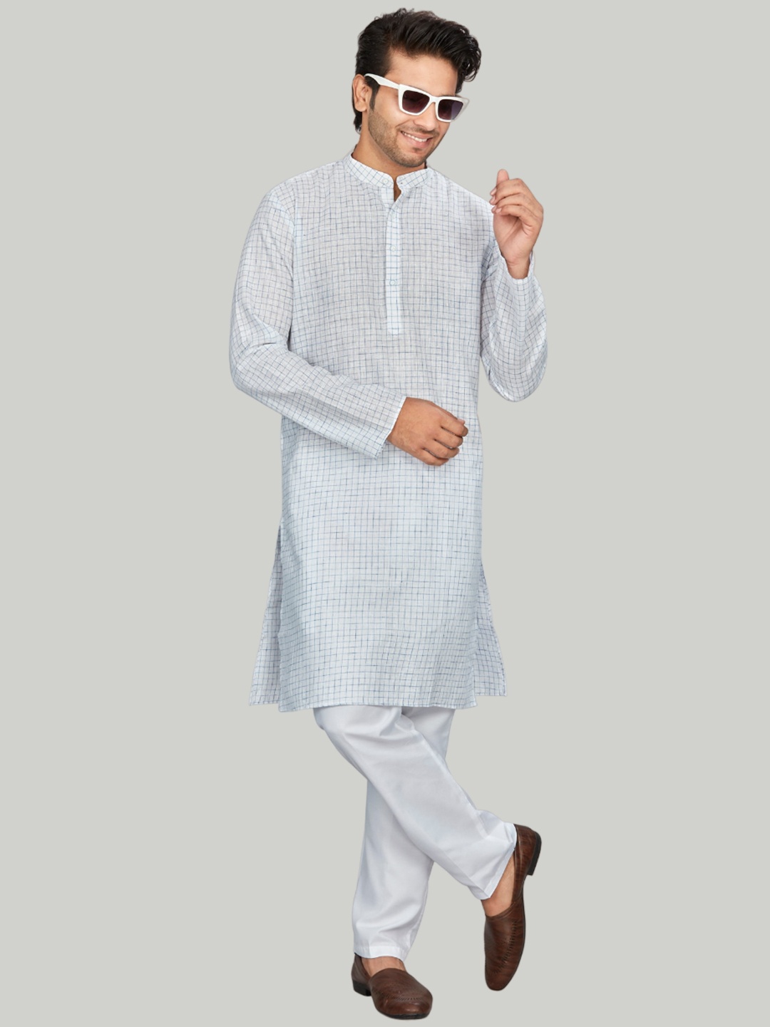 

Authentics Checked Mandarin Collar Kurta with Pyjamas, White