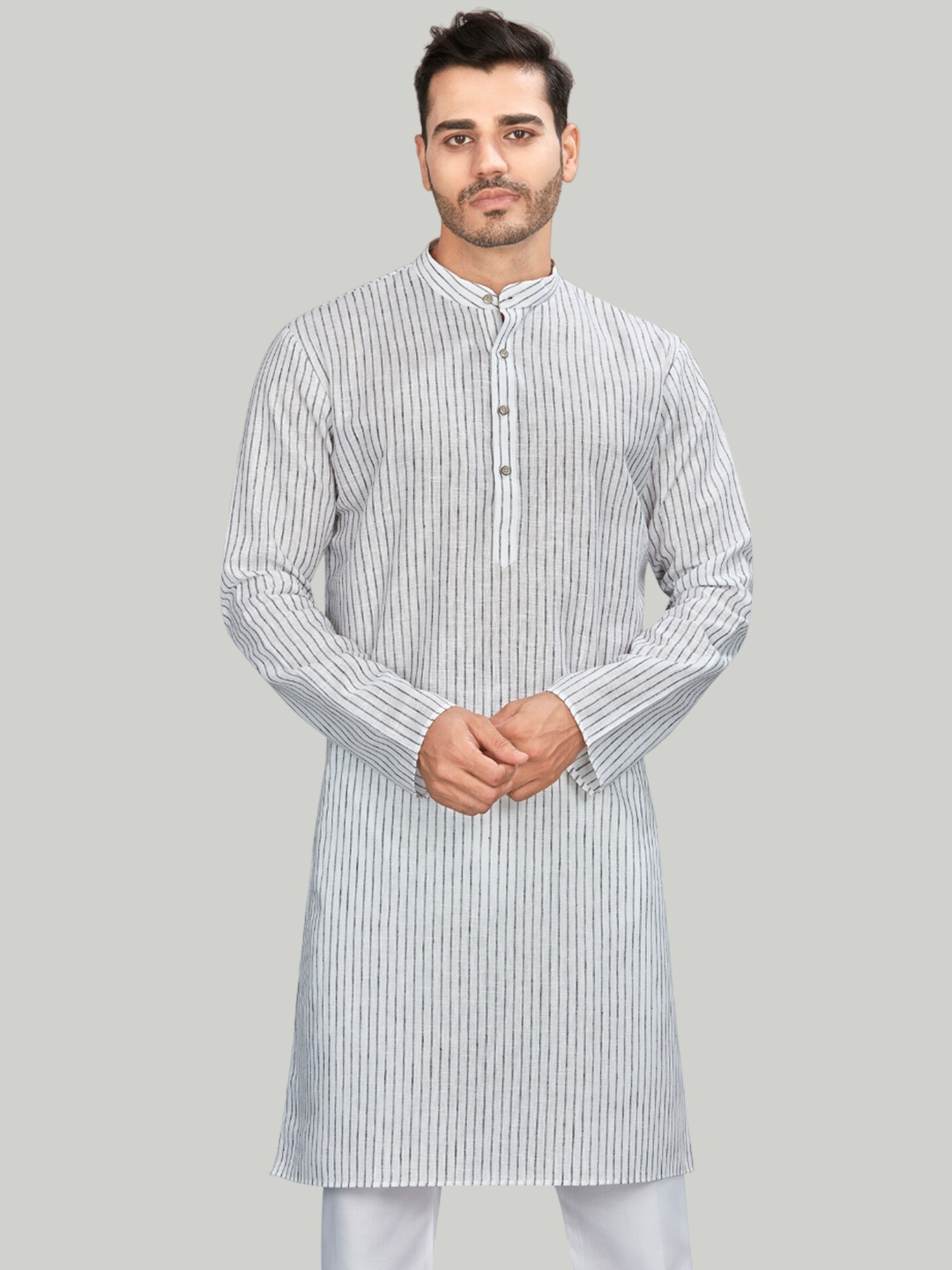 

Authentics Striped Mandarin Collar Regular Kurta With Pyjamas, White