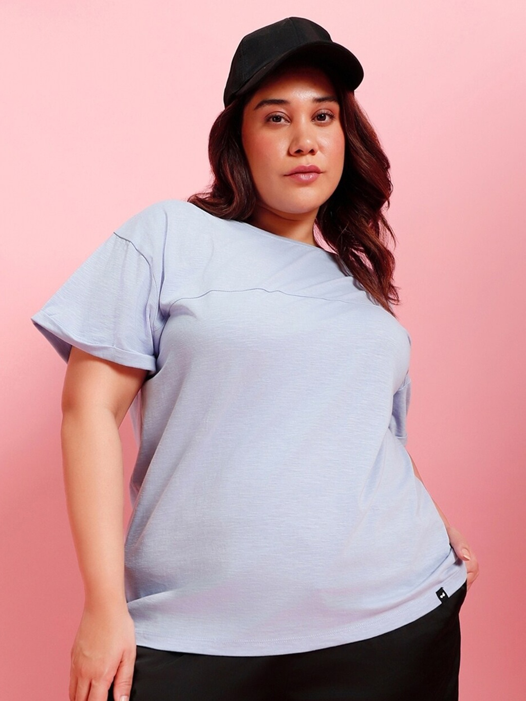 

Bewakoof AIR Plus Size Drop-Shoulder Sleeves Cotton T-shirt, Blue