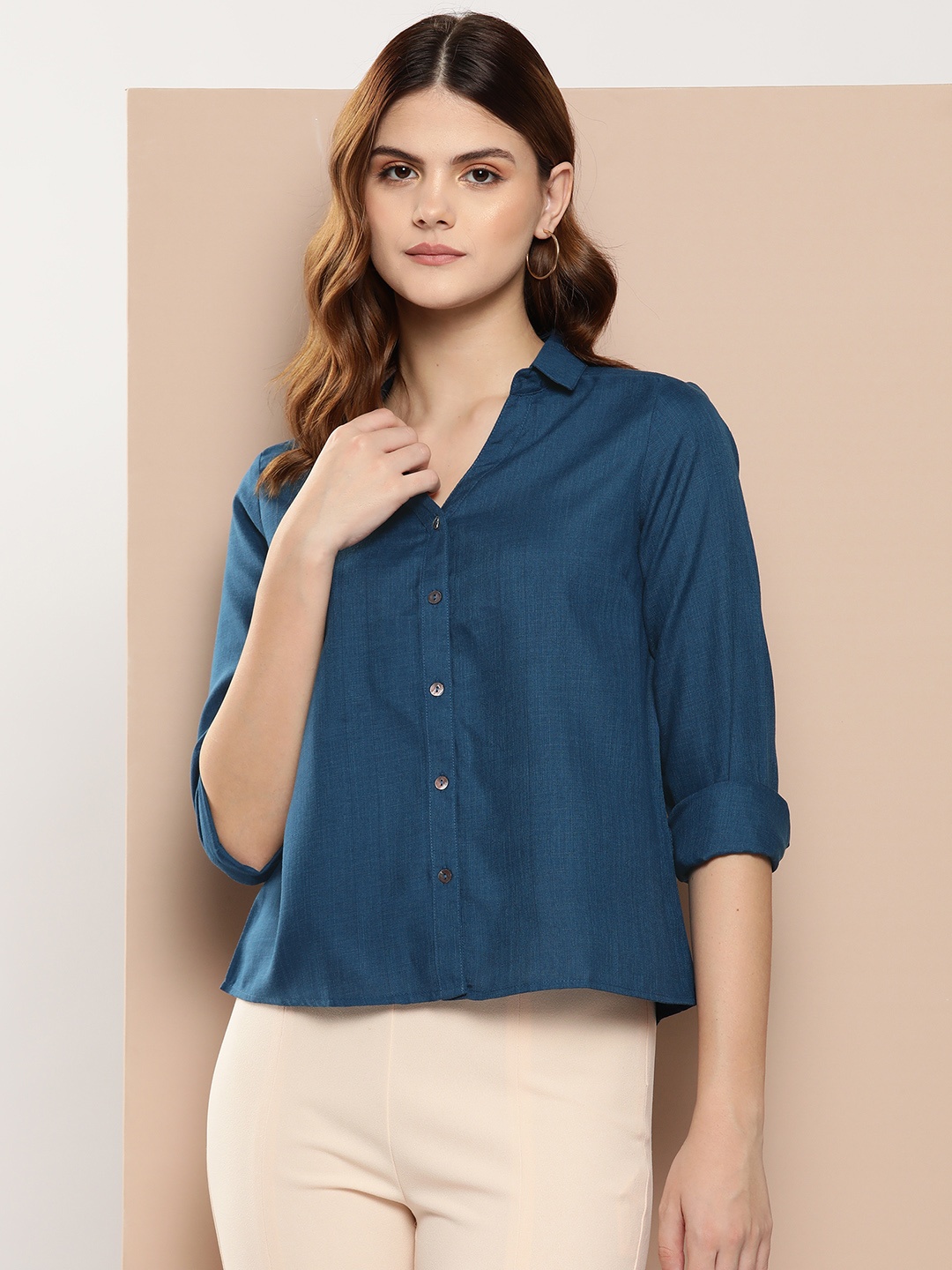 

her by invictus Spread Collar Opaque Casual Shirt, Navy blue