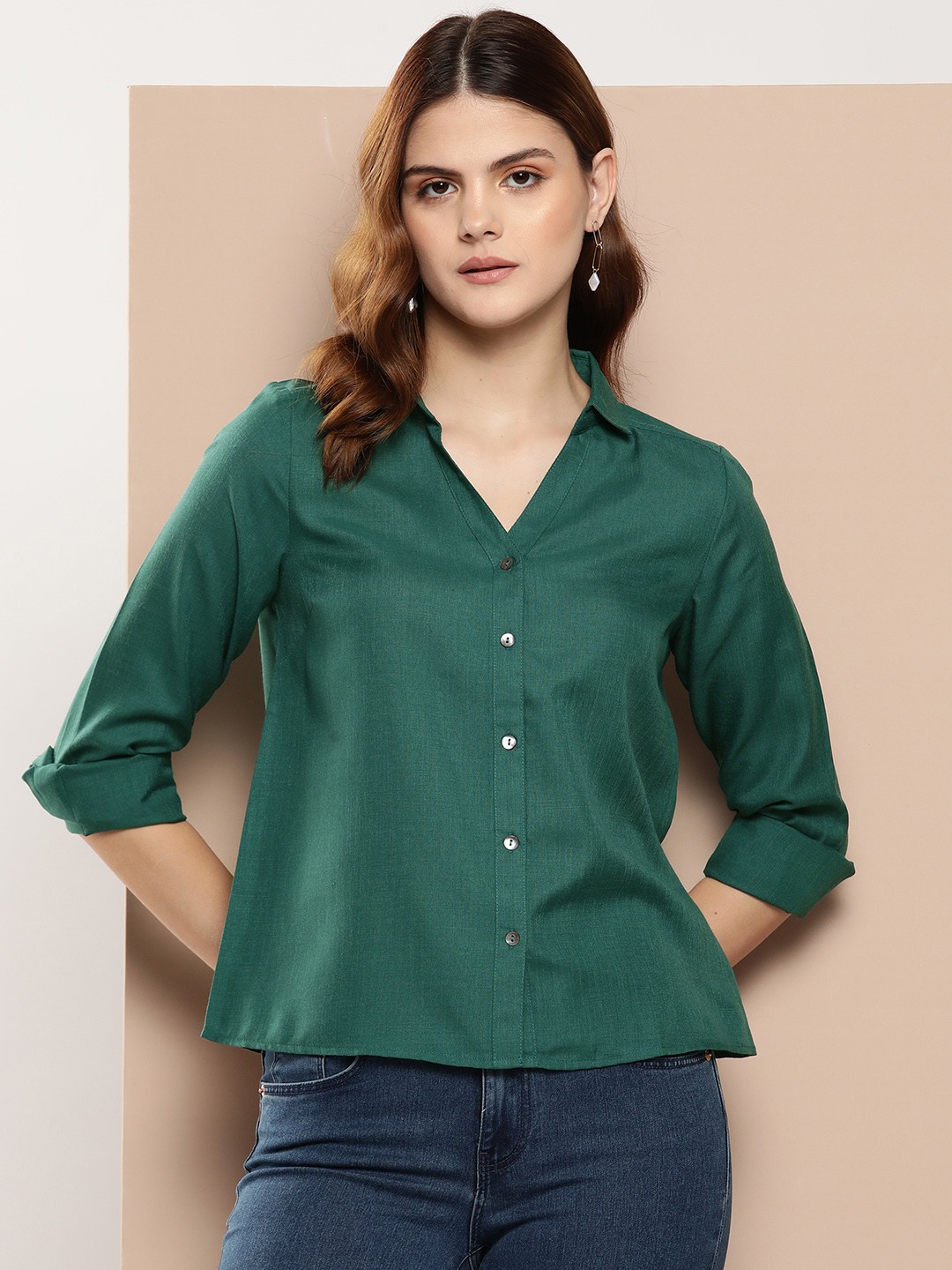 

her by invictus Spread Collar Opaque Casual Shirt, Green