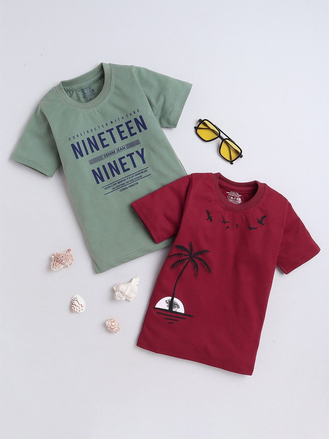 

BAESD Boys Pack Of 2 Typography Printed Cotton T-shirt, Green