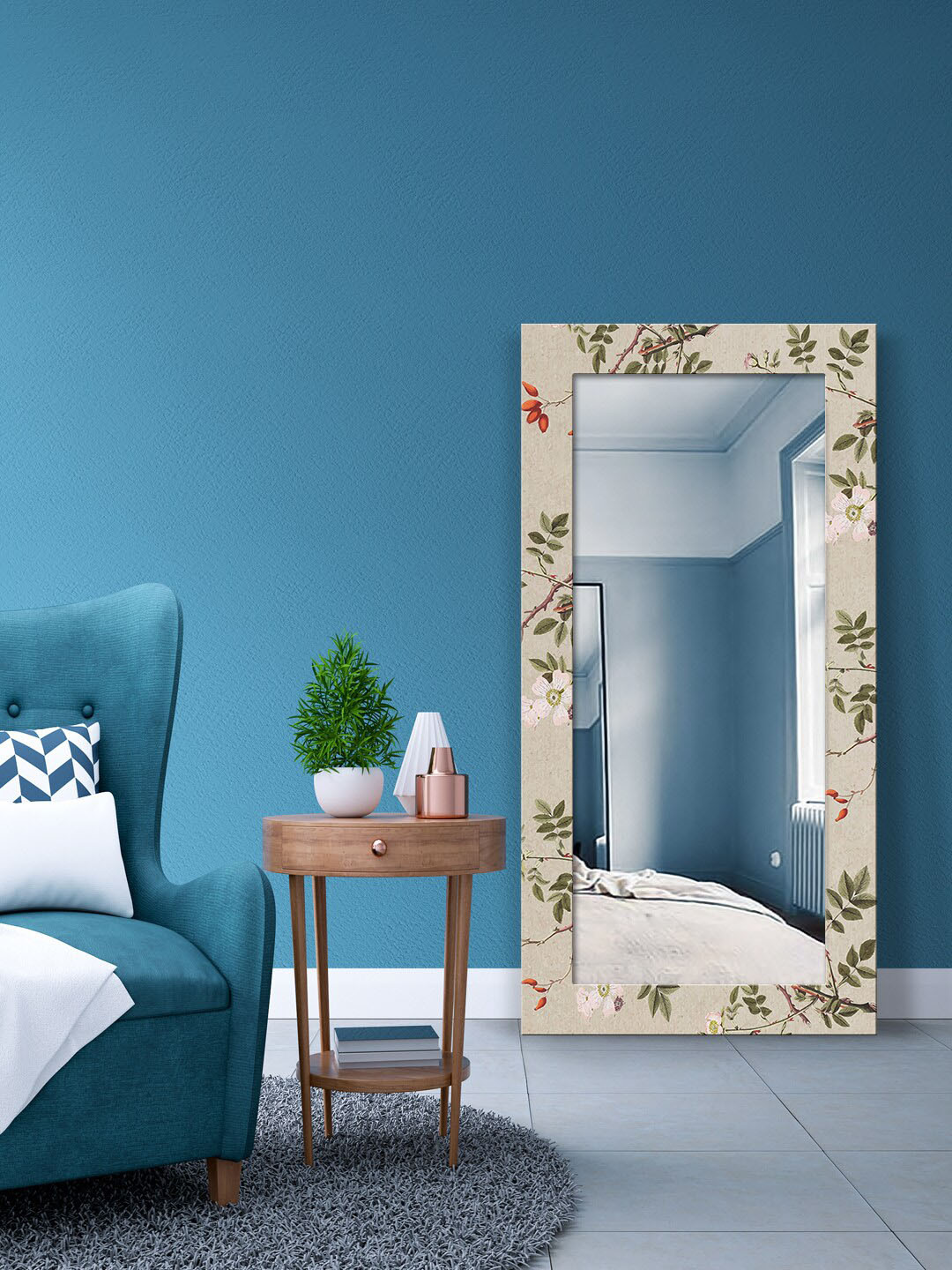 

999Store Grey Floral Leaves MDF Rectangle Mirror