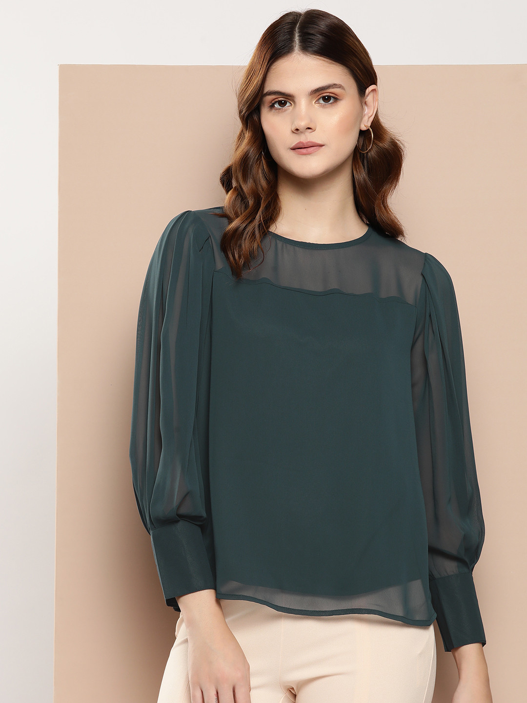 

her by invictus Round Neck Bishop Sleeves Top, Green
