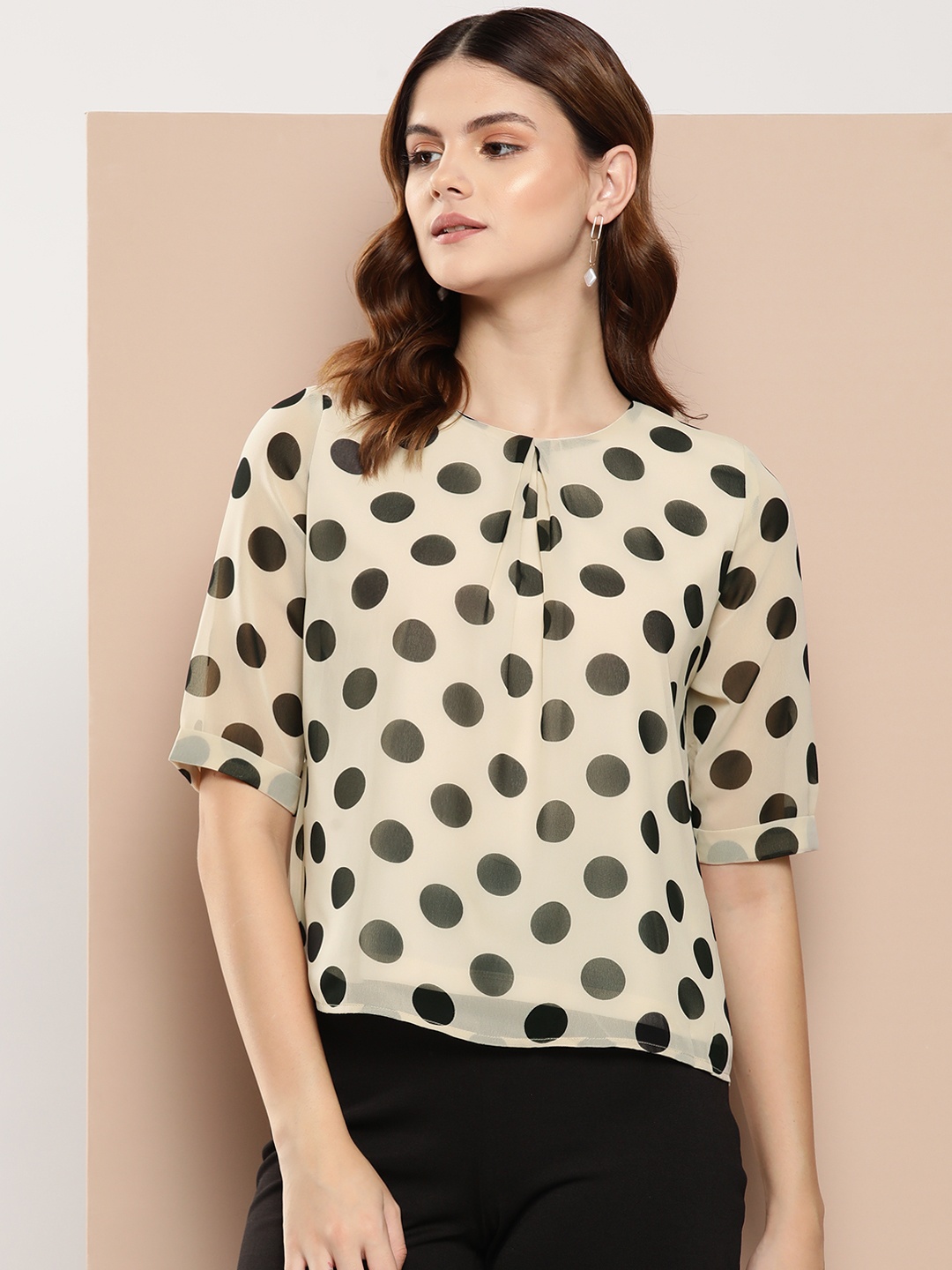 

her by invictus Pleated Detail Polka Dot Printed Top, Cream