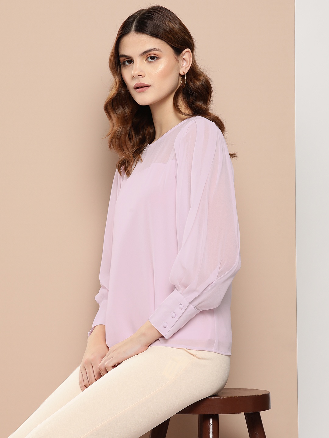 

her by invictus Round Neck Bishop Sleeves Top, Lavender