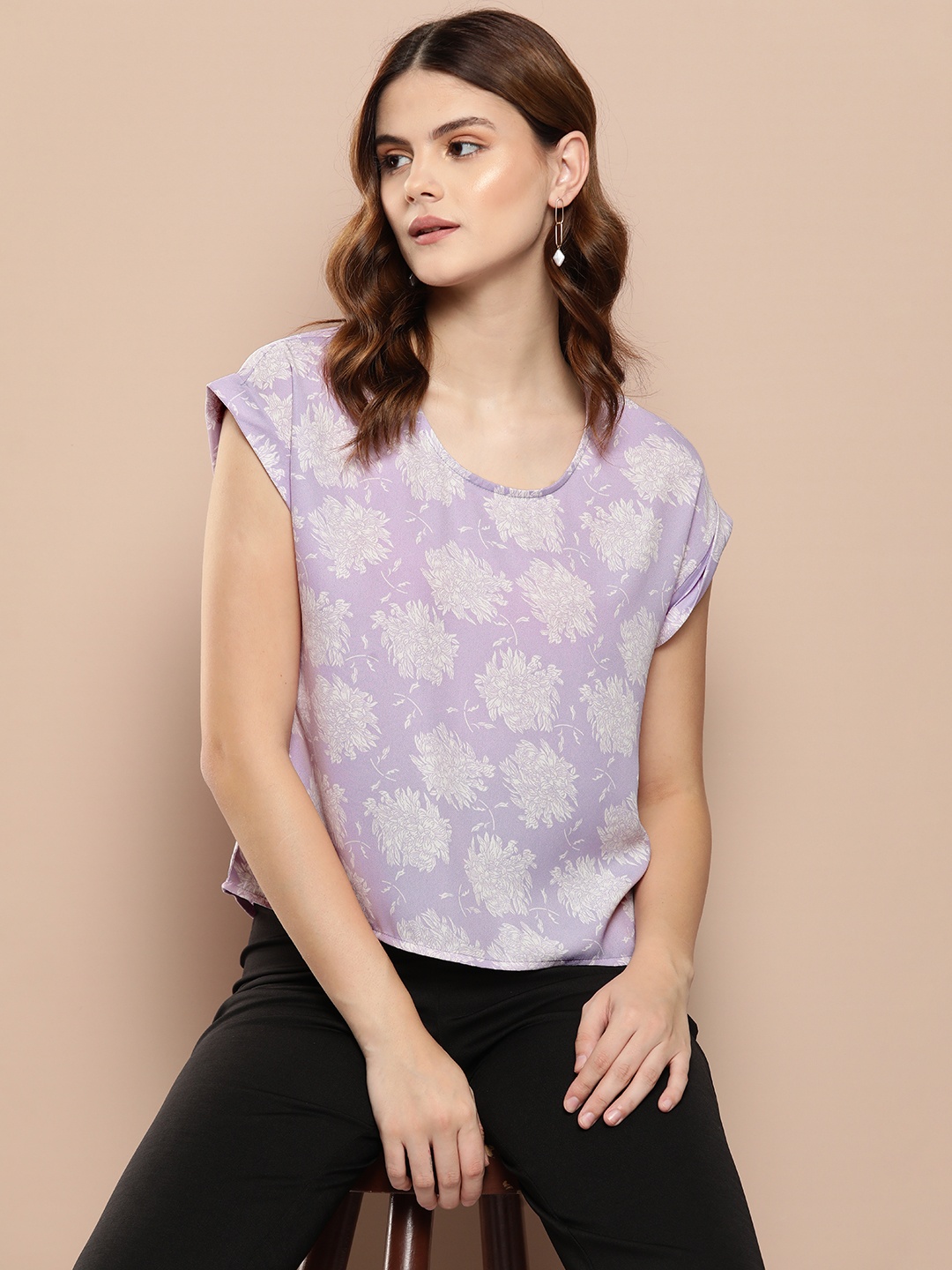 

her by invictus Cap Sleeves Floral Print Top, Lavender