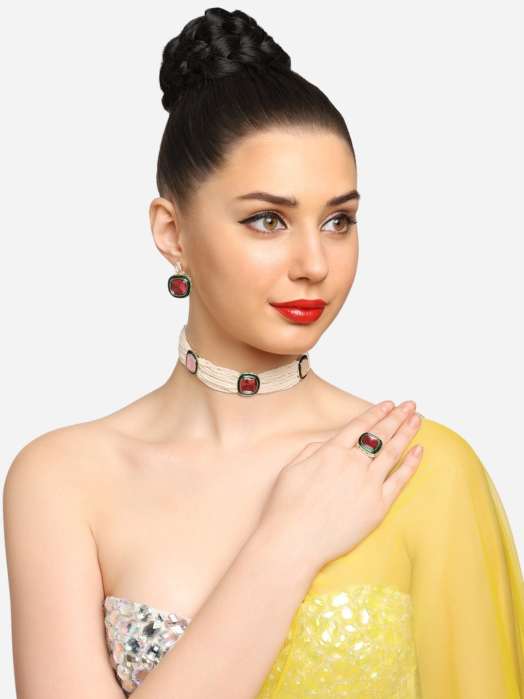 

Zaveri Pearls Gold-Plated Stone-Studded & Beaded Necklace With Earrings & Finger Ring