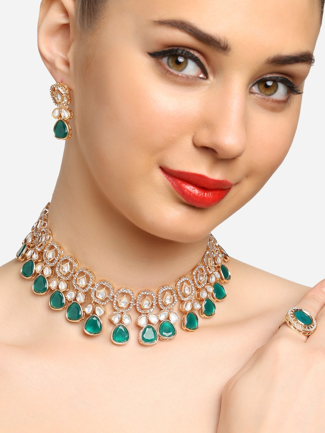 

Zaveri Pearls Gold-Plated Kundan Stone-Studded Necklace With Earrings & Finge Ring
