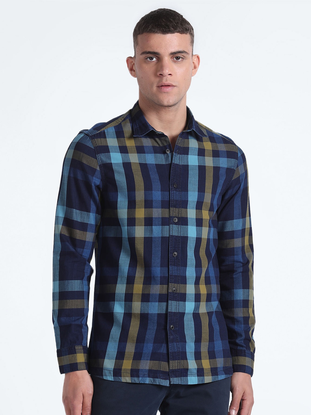 

Flying Machine Slim Fit Tartan Checked Pure Cotton Casual Shirt, Blue