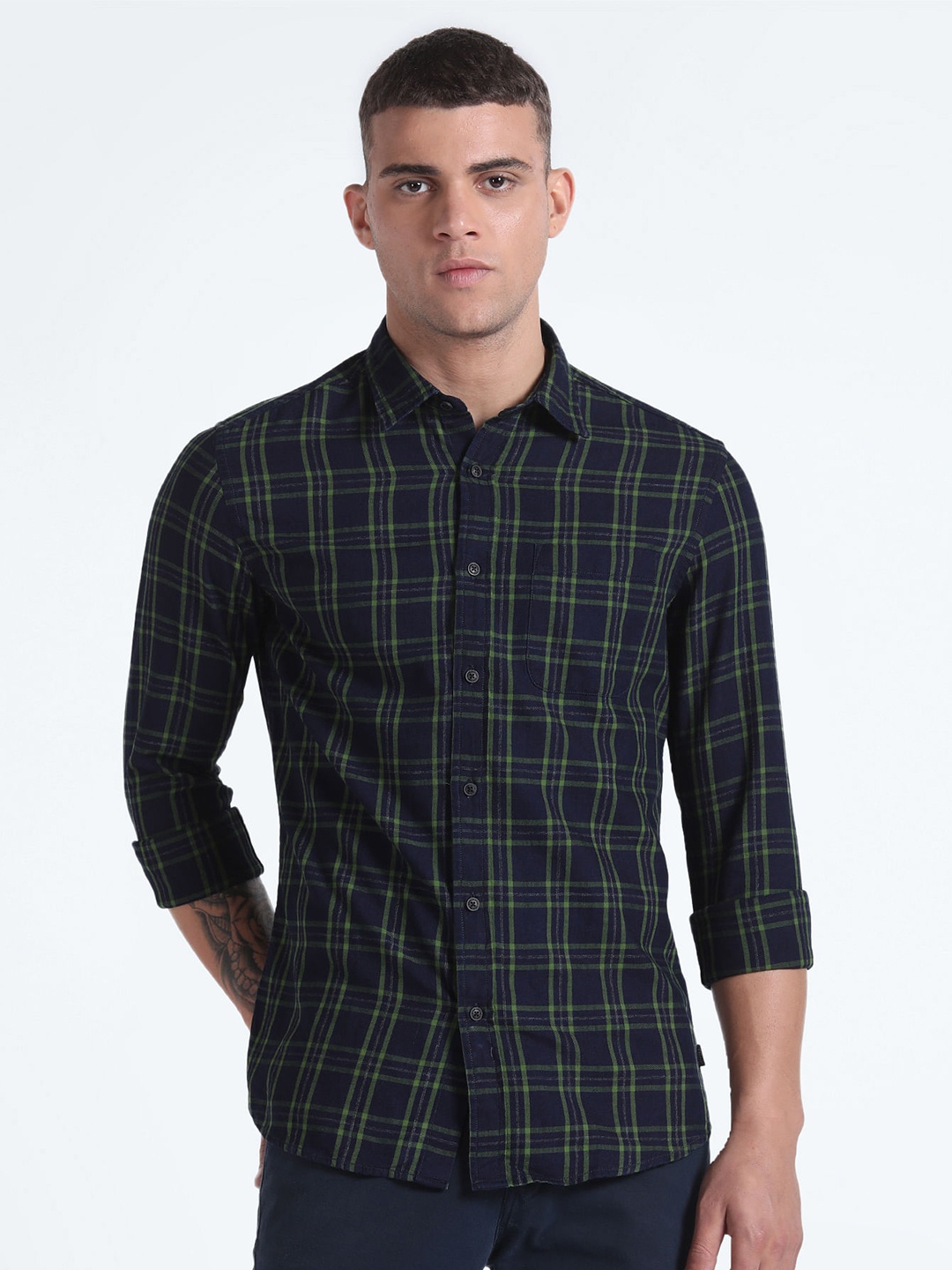 

Flying Machine Slim Fit Tartan Checked Pure Cotton Casual Shirt, Blue