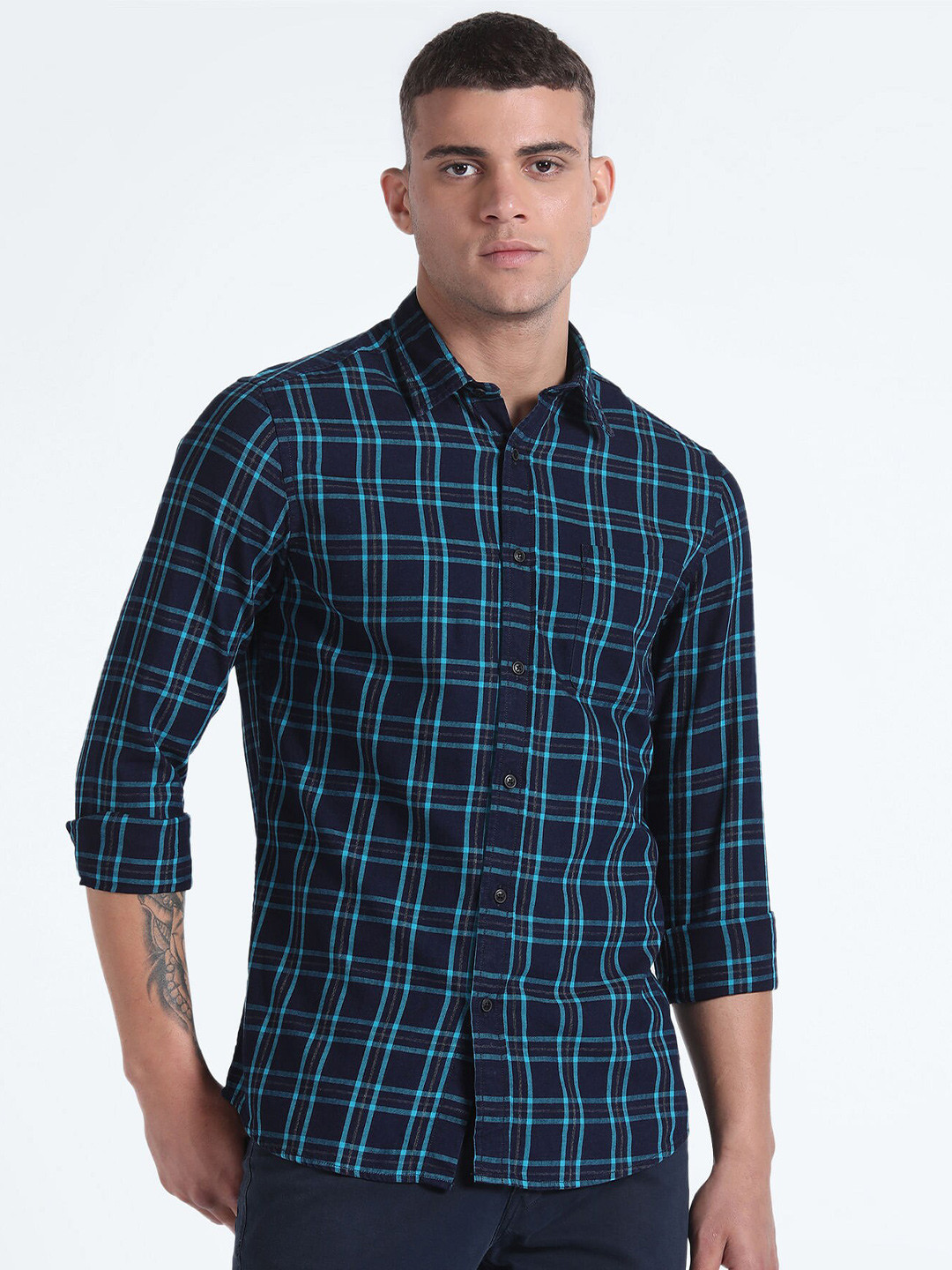 

Flying Machine Slim Fit Tartan Checked Pure Cotton Casual Shirt, Blue