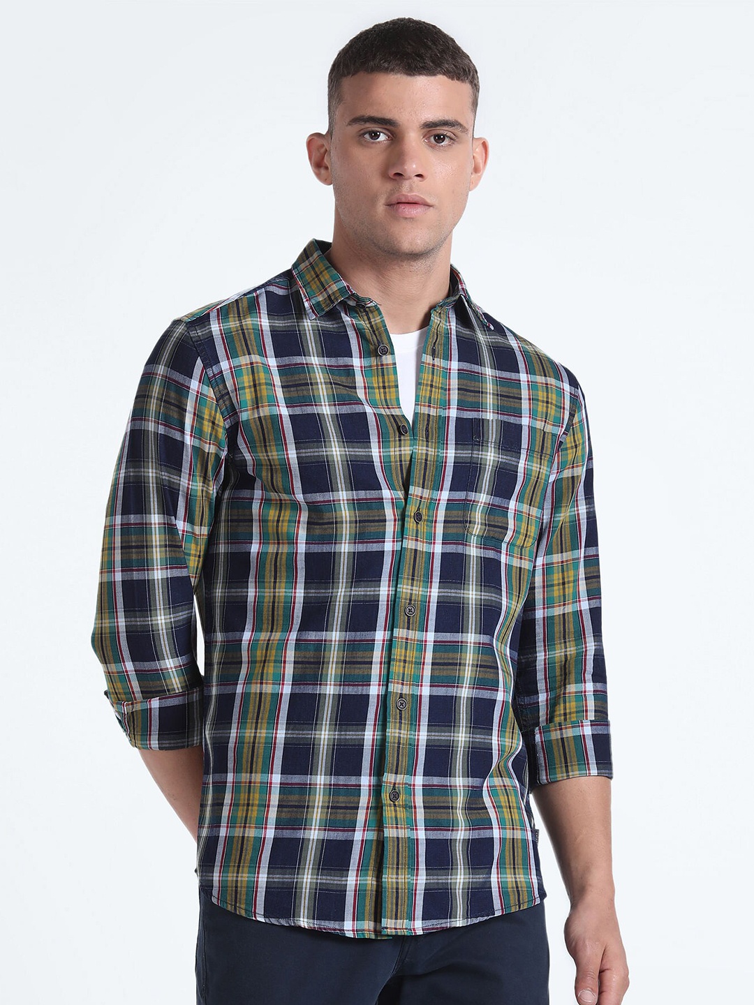 

Flying Machine Slim Fit Tartan Checked Pure Cotton Casual Shirt, Blue