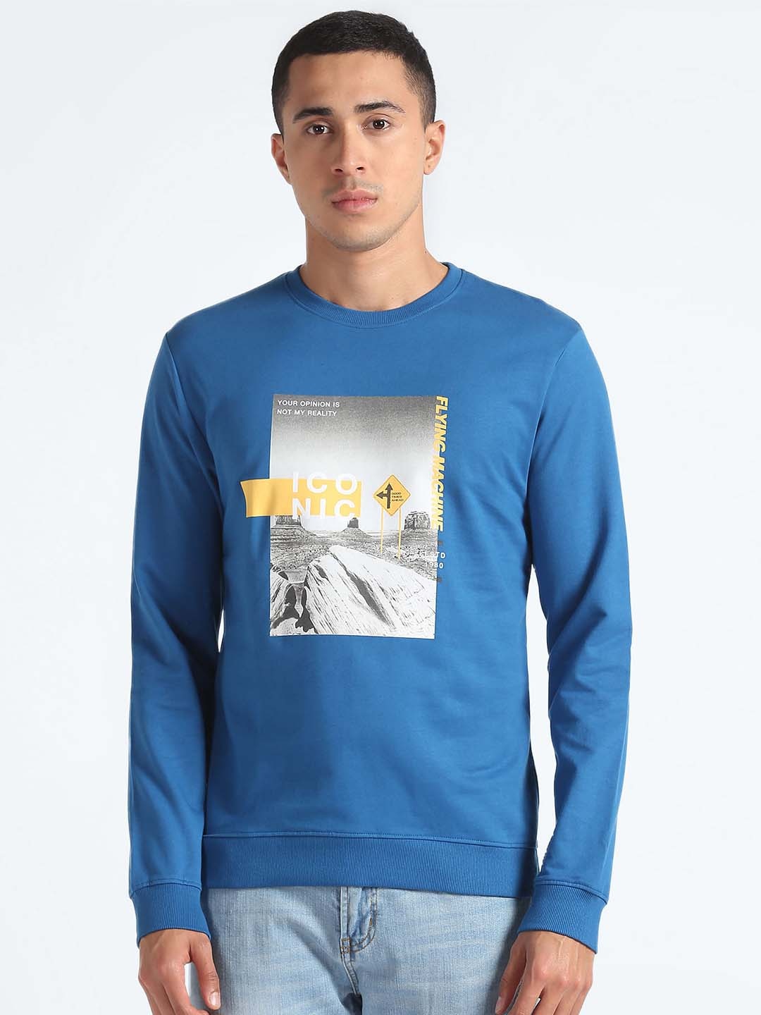 

Flying Machine Graphic Printed Pure Cotton Pullover, Blue