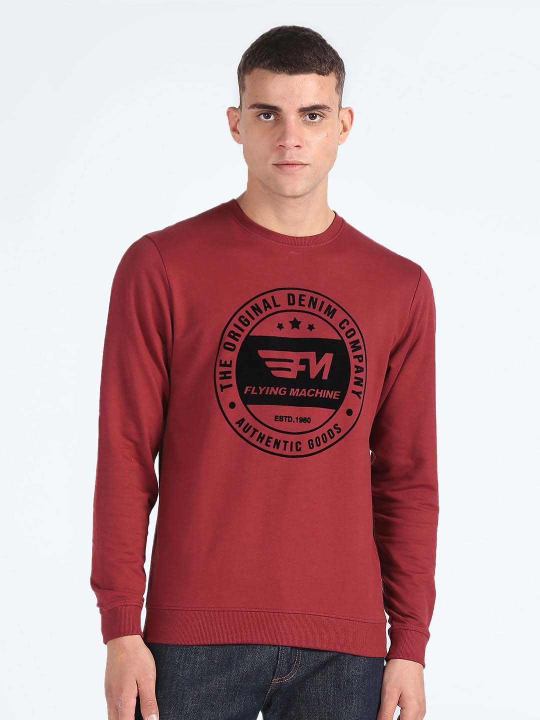 

Flying Machine Typography Printed Pure Cotton Pullover, Red
