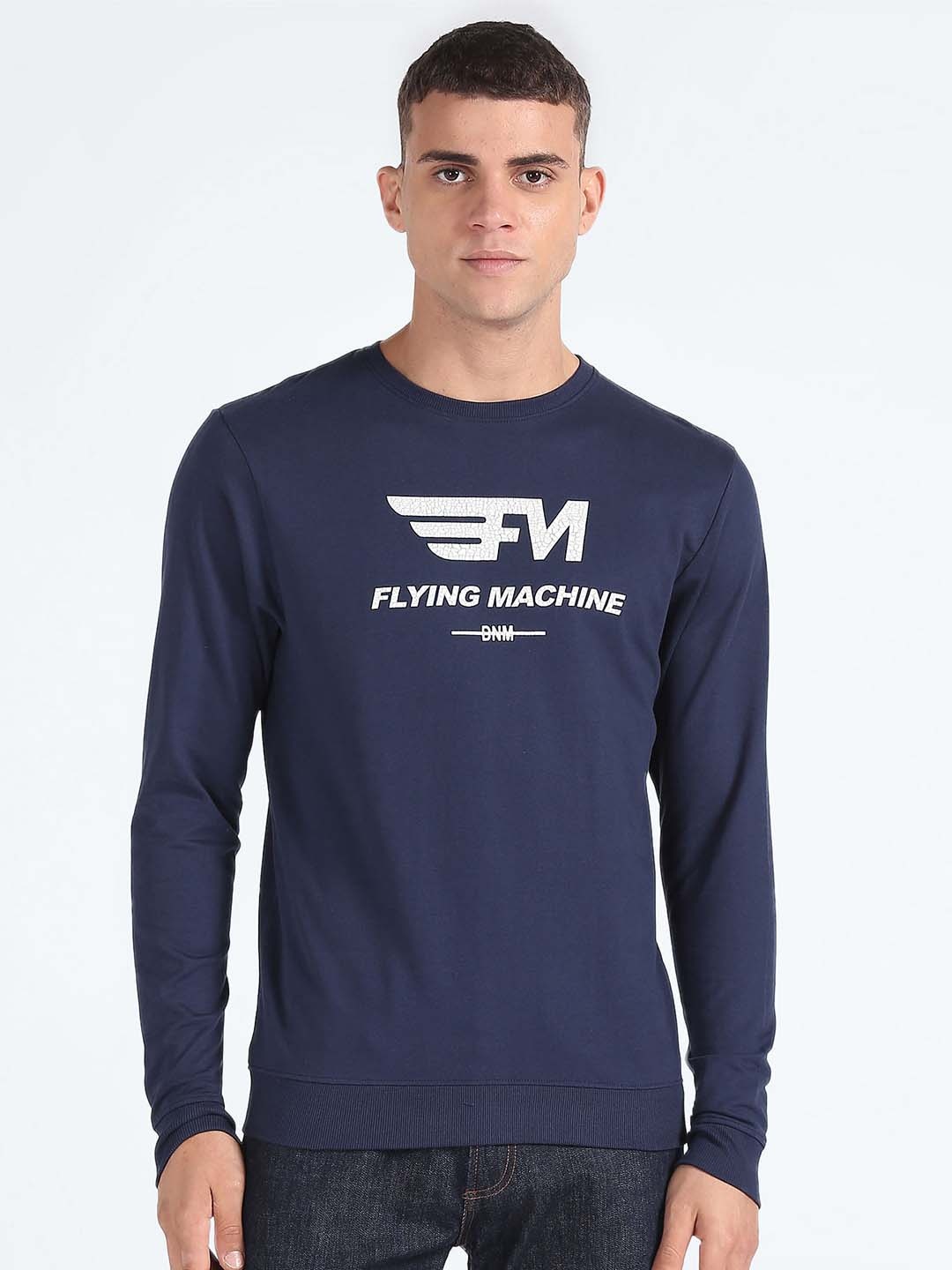 

Flying Machine Typography Printed Pure Cotton Pullover, Blue