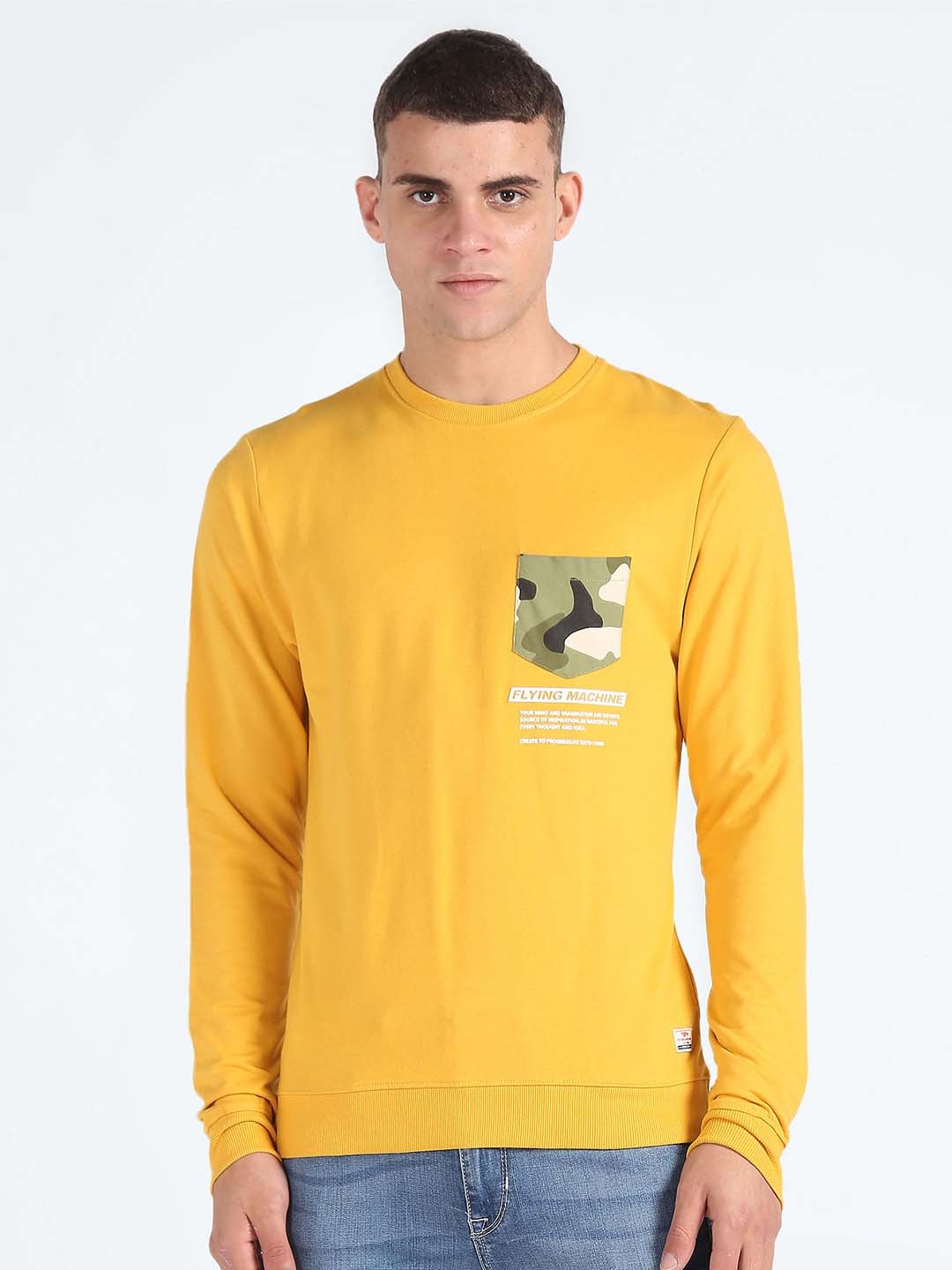 

Flying Machine Round Neck Pure Cotton Sweatshirt, Yellow