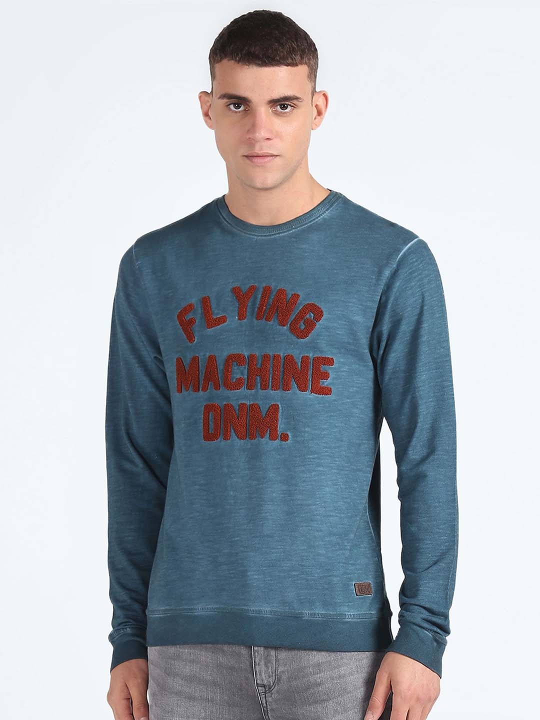 

Flying Machine Typography Printed Pure Cotton Pullover, Blue
