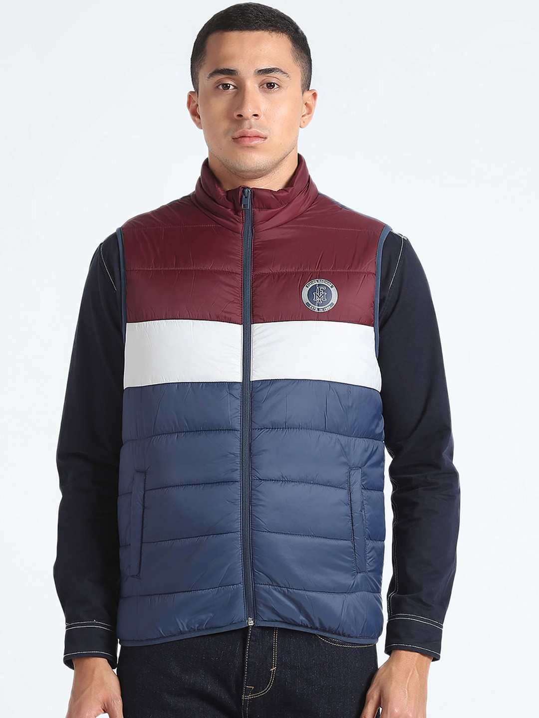 

Flying Machine Mock Collar Colourblocked Padded Jacket, Blue