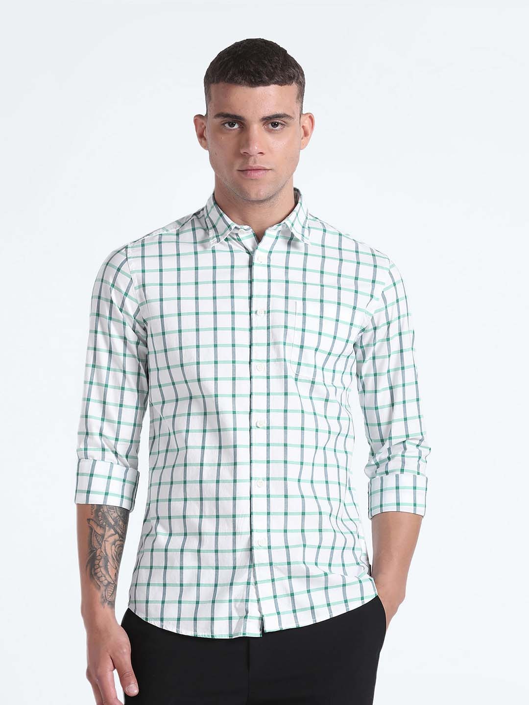 

Flying Machine Slim Fit Windowpane Checked Pure Cotton Casual Shirt, White