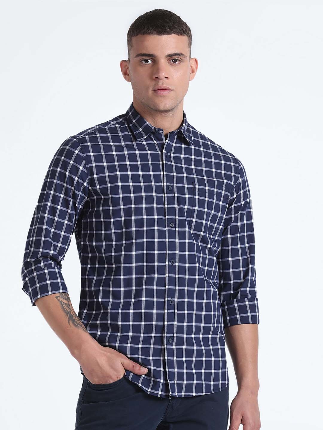 

Flying Machine Slim Fit Windowpane Checked Casual Shirt, Blue