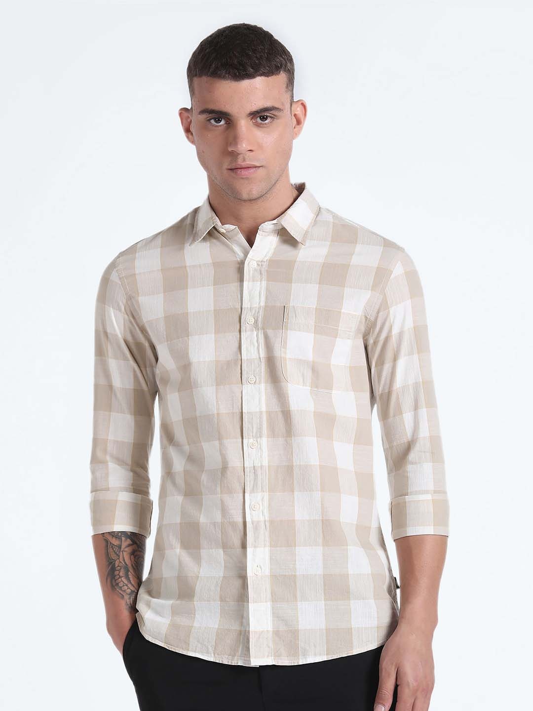 

Flying Machine Slim Fit Buffalo Checked Pure Cotton Casual Shirt, Beige