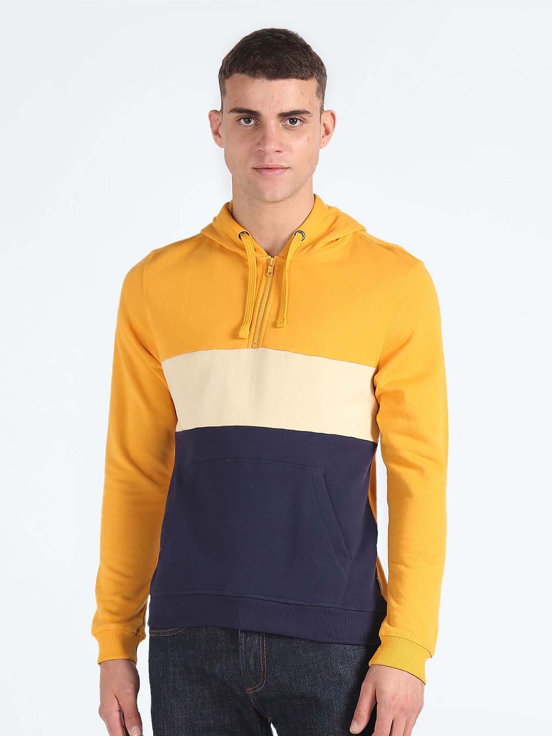 

Flying Machine Colourblocked Hooded Pure Cotton Sweatshirt, Yellow
