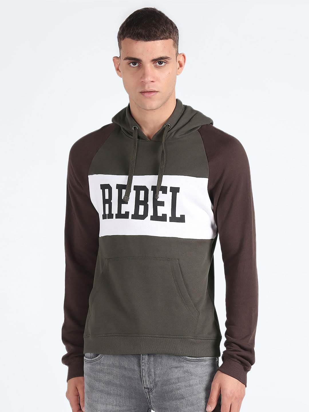 

Flying Machine Colourblocked Hooded Pure Cotton Sweatshirt, Grey