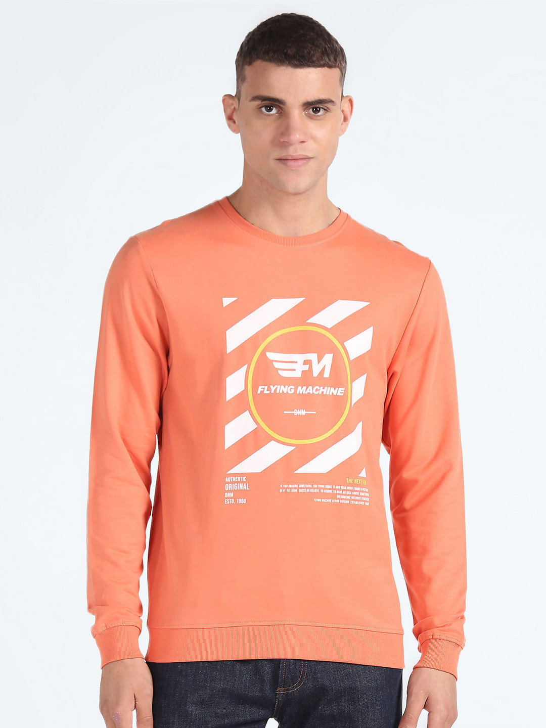 

Flying Machine Graphic Printed Pure Cotton Pullover Sweatshirt, Orange
