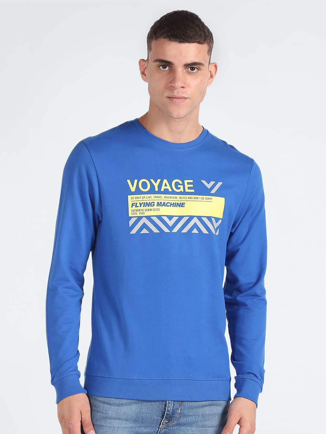 

Flying Machine Typography Printed Pure Cotton Pullover Sweatshirt, Blue