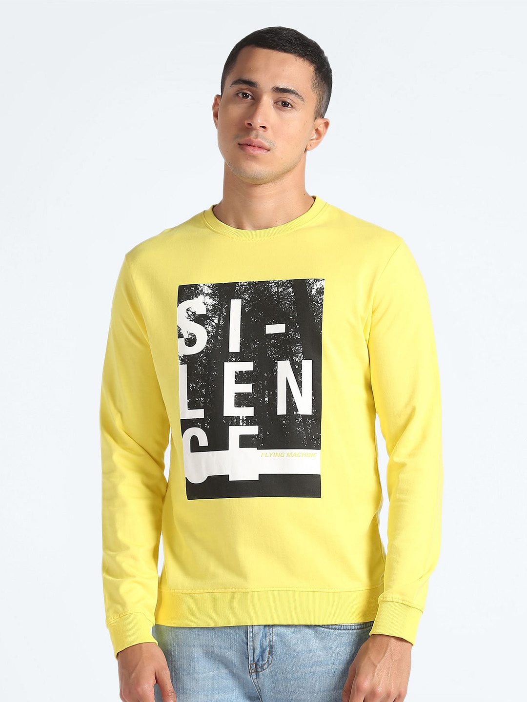 

Flying Machine Typography Printed Pure Cotton Pullover Sweatshirt, Yellow