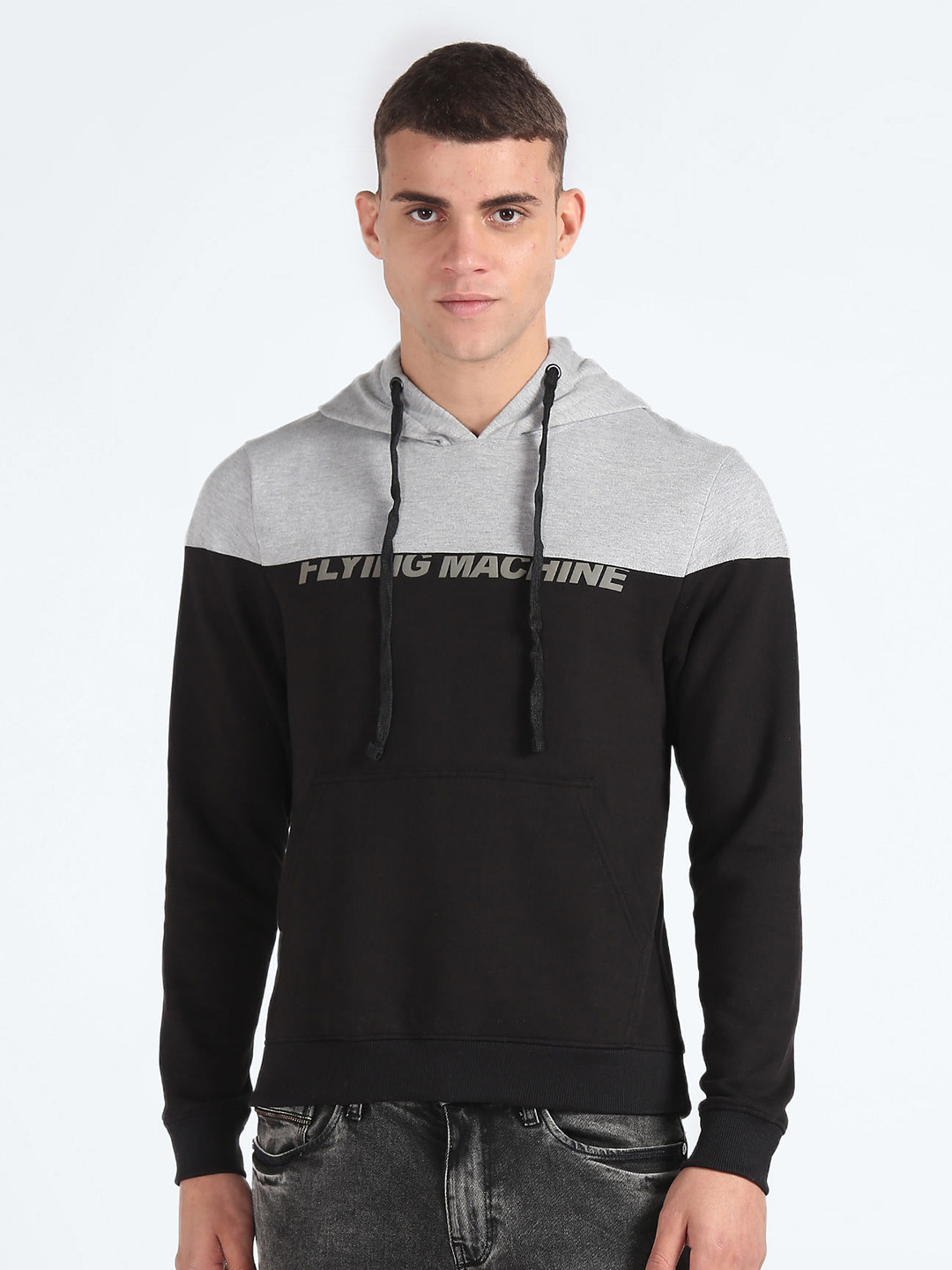

Flying Machine Colourblocked Pure Cotton Hooded Pullover Sweatshirt, Black