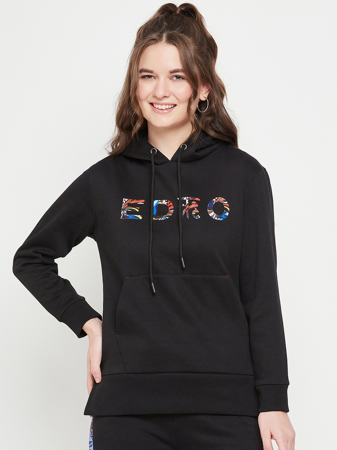 

EDRIO Alphanumeric Printed Hooded Fleece Pullover Sweatshirt, Black