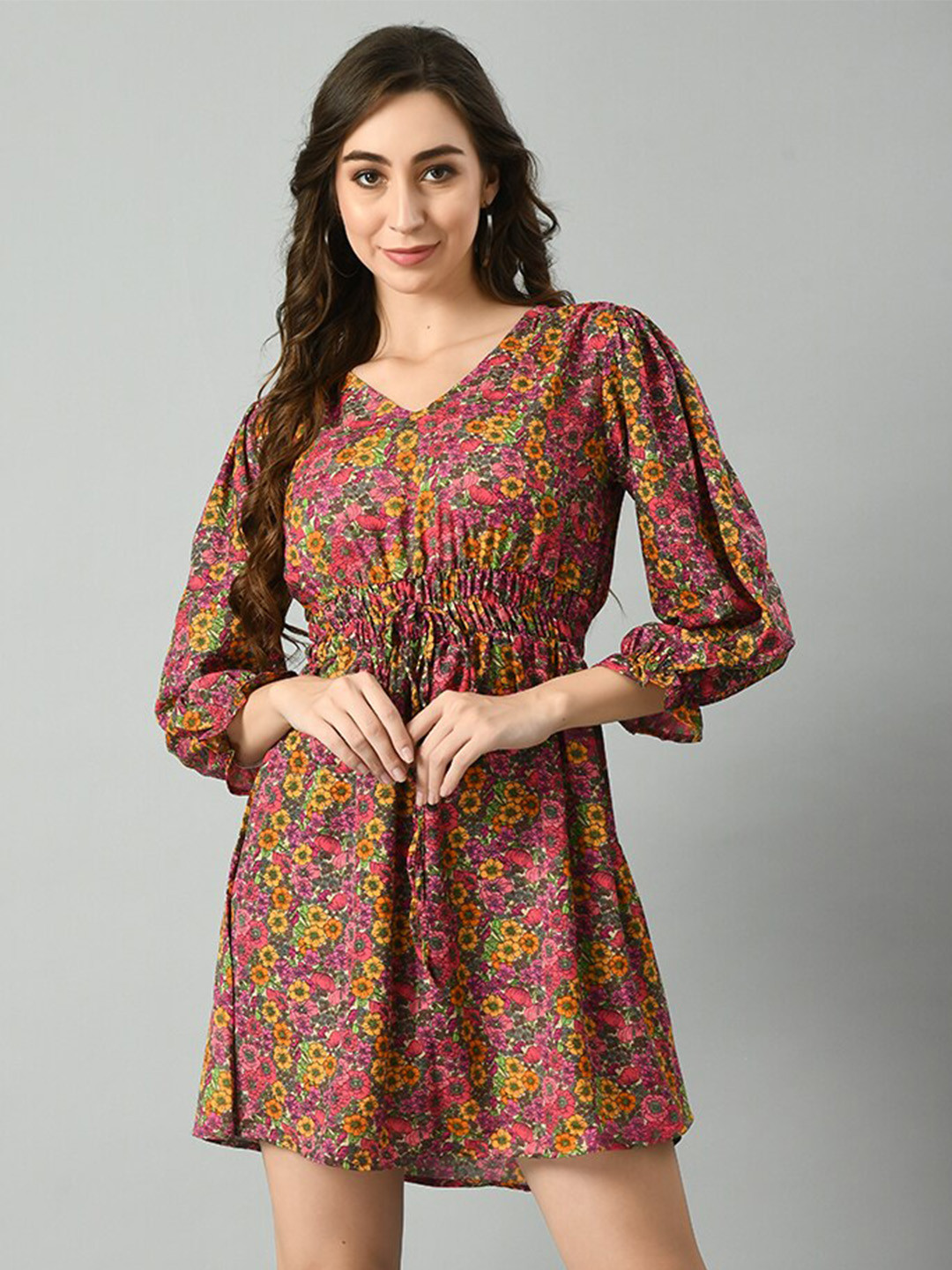 

TAKI TAKI Floral Printed V-Neck Puff Sleeves Gathered Detailed Fit & Flare Dress, Brown