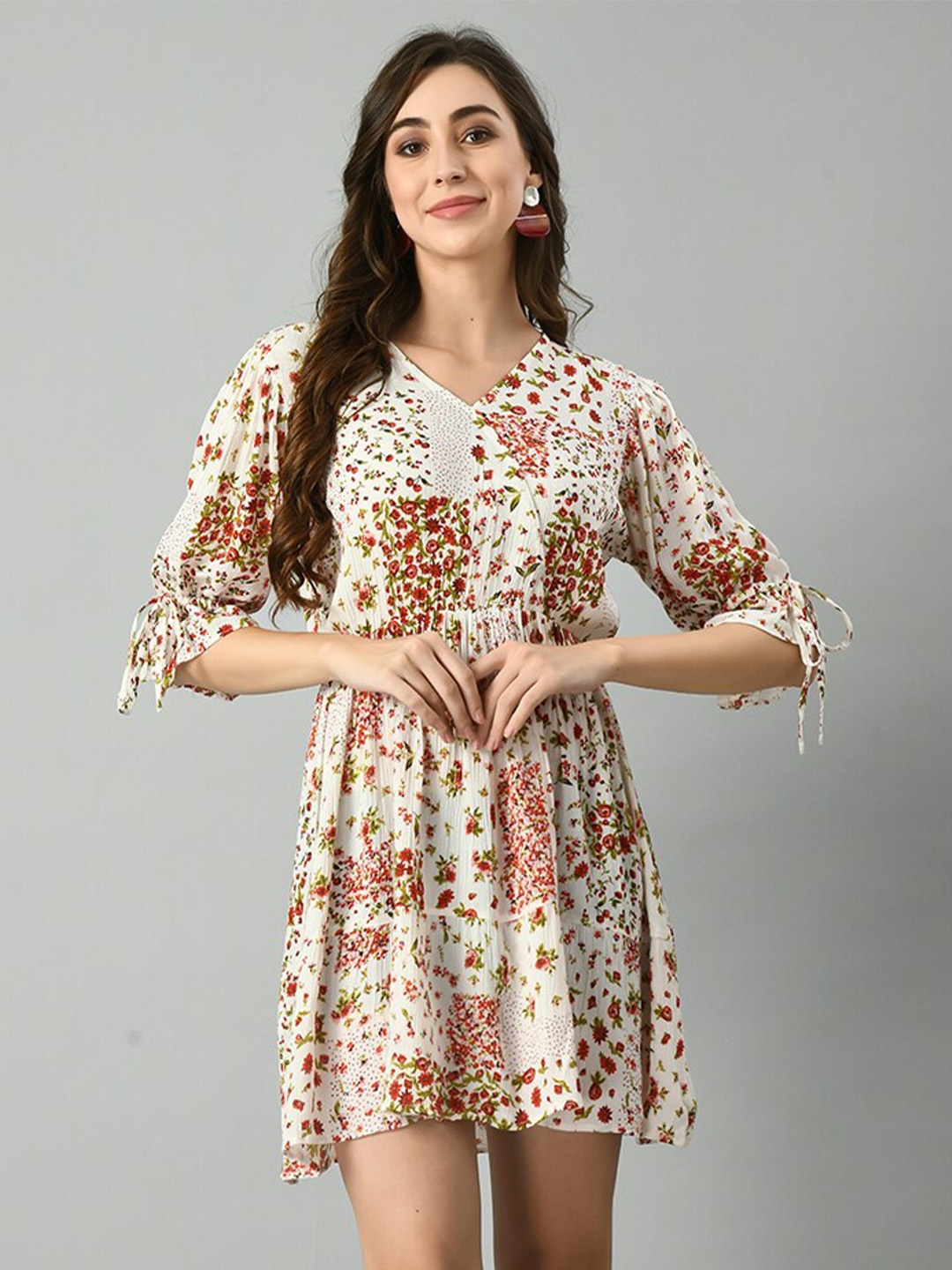 

TAKI TAKI Floral Printed V-Neck Puff Sleeves Gathered Detailed Fit & Flare Dress, Off white