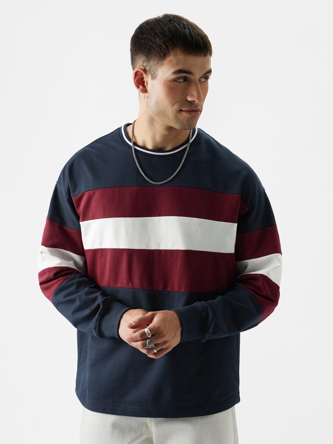 

The Souled Store Striped Oversized Pure Cotton T-shirt, Navy blue