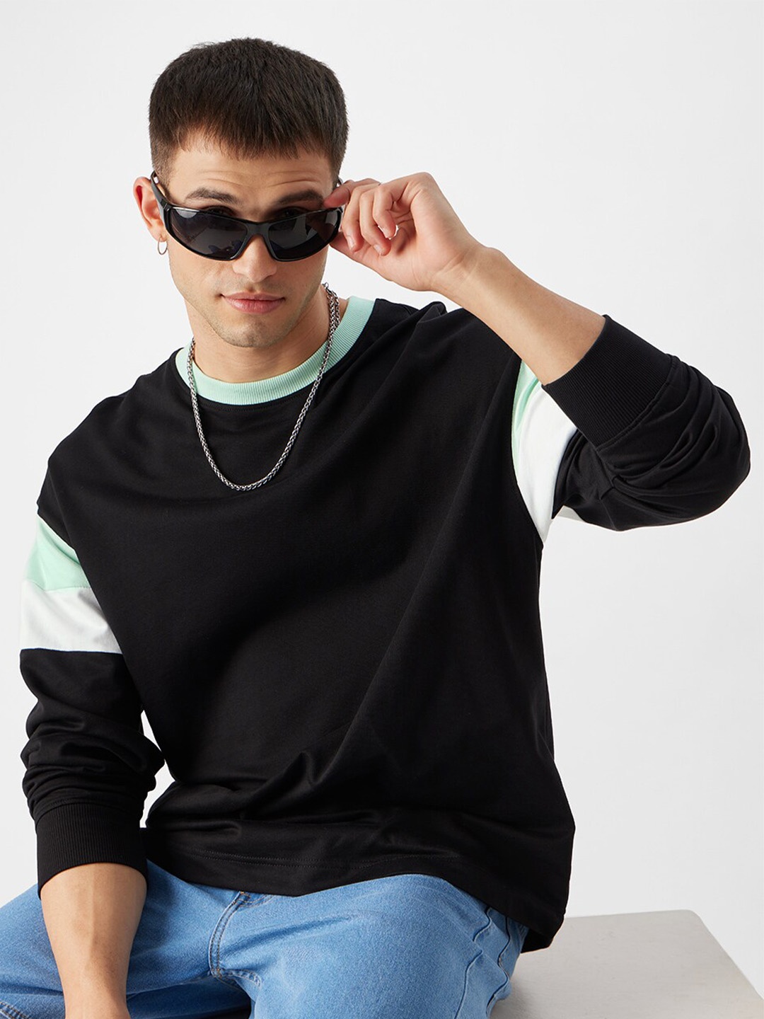 

The Souled Store Colourblocked Oversized Cotton T-shirt, Black