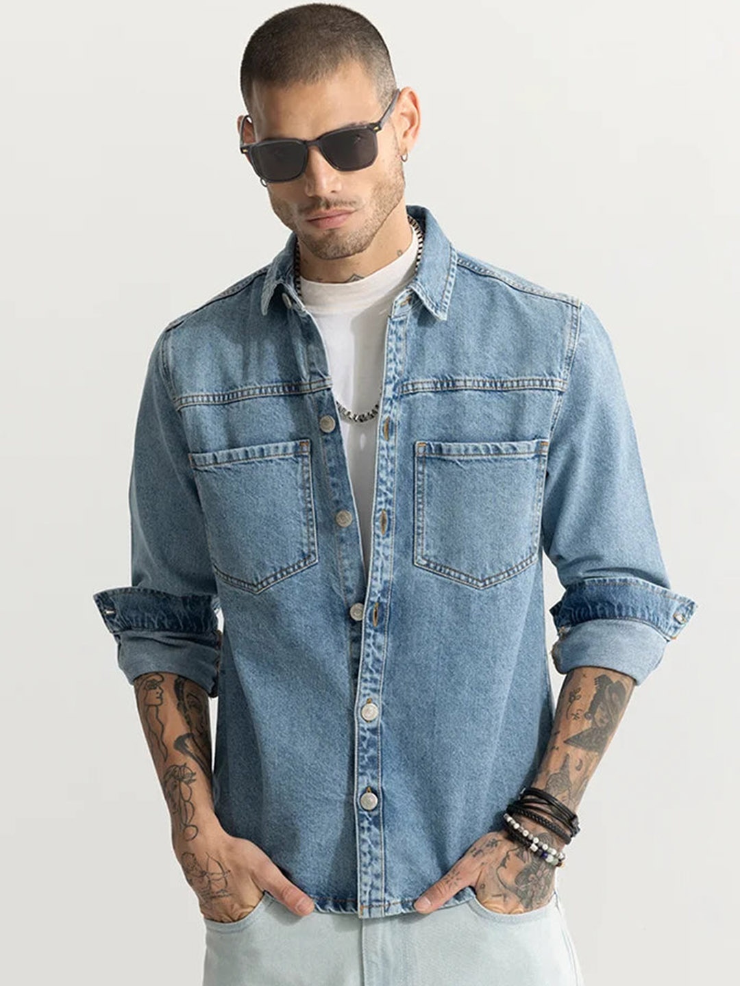 

Snitch Washed Spread Collar Cotton Denim Jacket, Blue