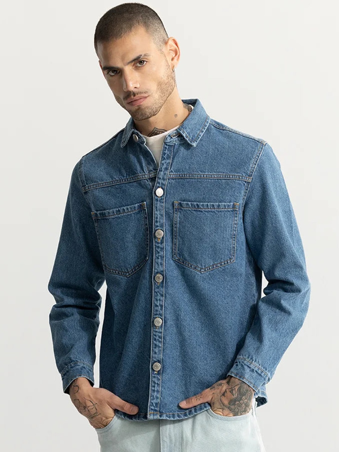 

Snitch Washed Spread Collar Cotton Denim Jacket, Blue