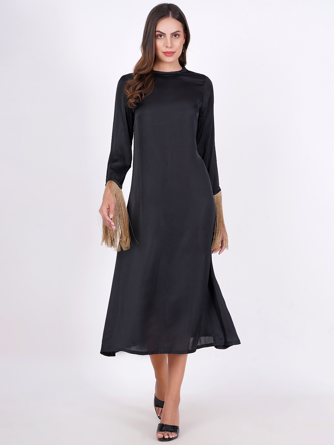 

MINGLAY Round Neck A-Line Midi Dress, Black