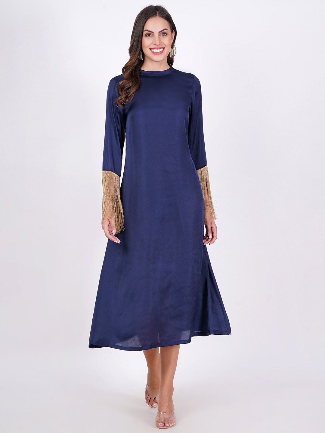 

MINGLAY Round Neck A-Line Midi Dress, Navy blue