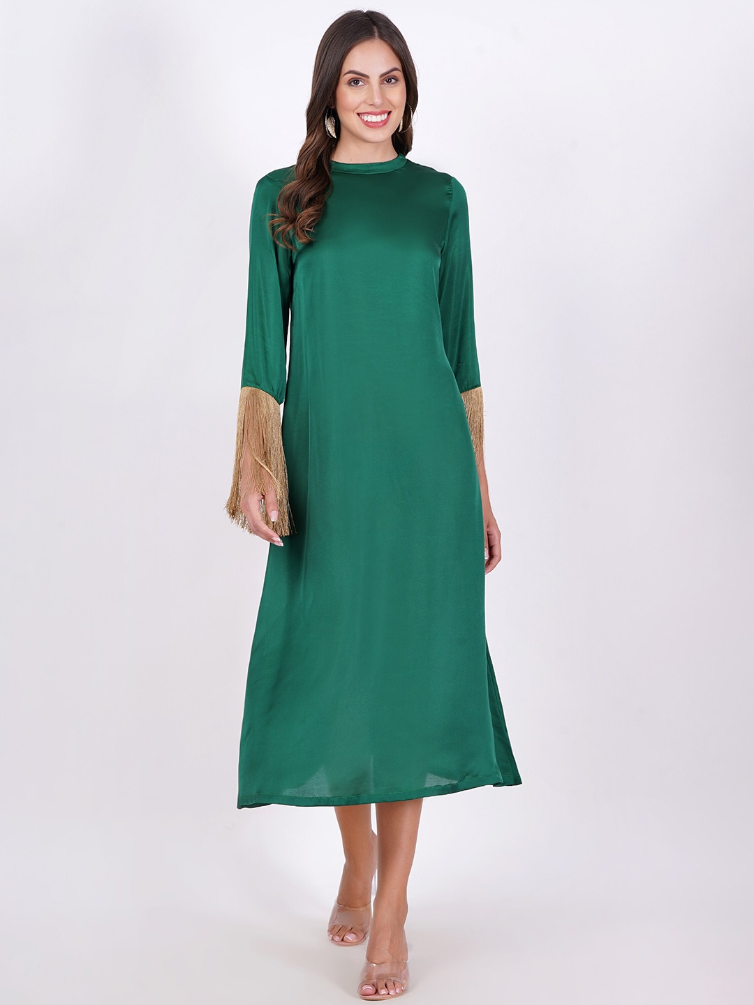

MINGLAY Round Neck Long Sleeves Fringed A-Line Midi Dress, Green