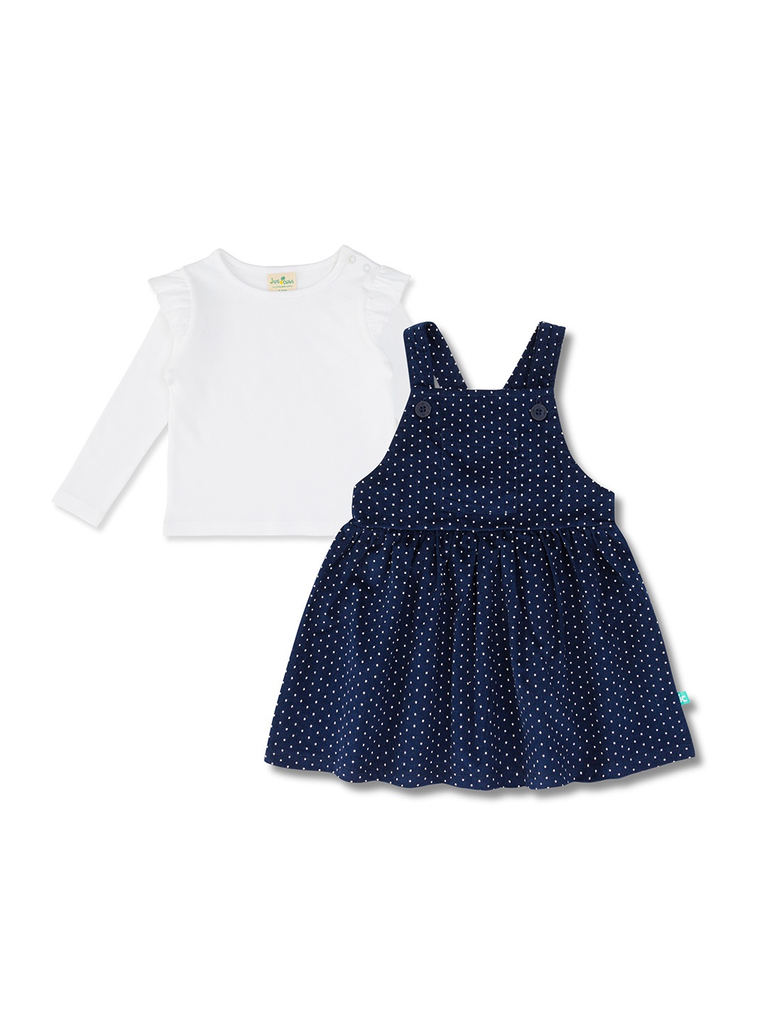 

JusCubs Polka Dot Printed Cotton Pinafore Dress With T-shirt, Navy blue