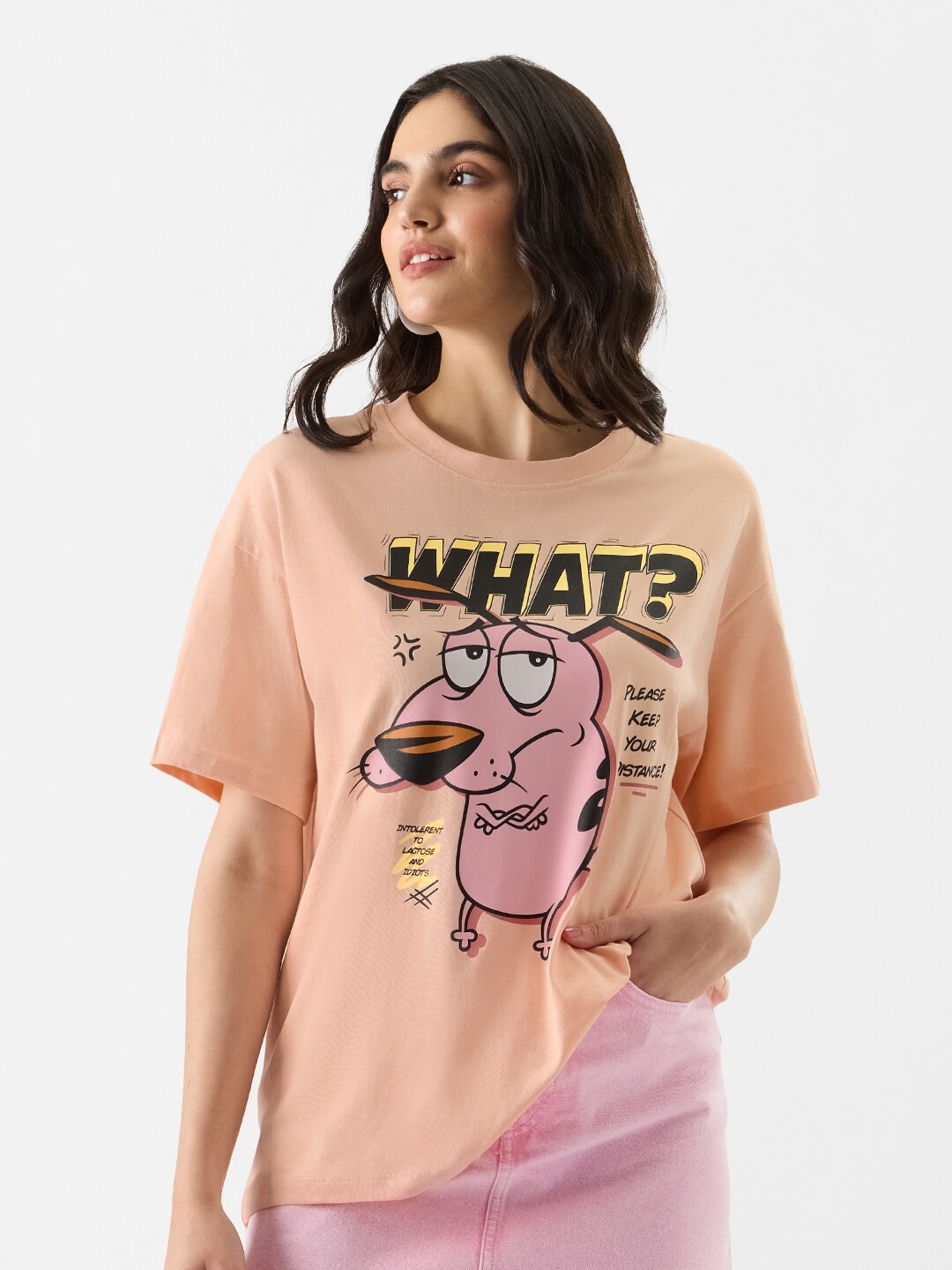 

The Souled Store Courage the Cowardly Dog Printed Oversized Cotton T-shirt, Peach